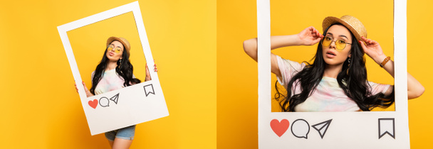 collage of brunette girl in summer outfit posing pouting lips in social network frame on yellow background, panoramic shot - Fotoğraf, Görsel