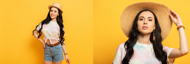κολάζ χαμογελαστή μελαχρινή κοπέλα ποζάρουν σε ψάθινο καπέλο σε κίτρινο φόντο, πανοραμική λήψη - Φωτογραφία, εικόνα