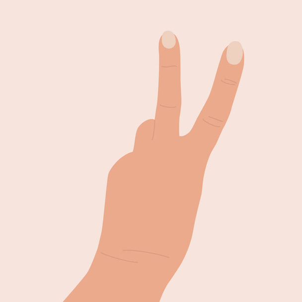ジェスチャー平和。手を上げて。2本の指が文字Vを示しています。シンボル、勝利のアイコン。フラット漫画のベクトルイラスト。勝利のサインを示す女性の手 - ベクター画像