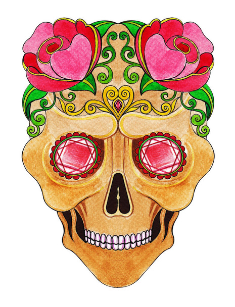 Sugar skull day of the dead. Hand painting on paper. - Photo, Image