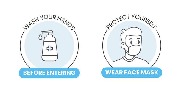 Εκπαιδευτικό διανυσματικό αυτοκόλλητο για την υγειονομική περίθαλψη εκπαιδευτική. Πλύνετε τα χέρια σας και να φορούν μάσκα προσώπου περίγραμμα επίπεδη στυλ διάνυσμα υπογράψει με το χέρι μπουκάλι σαπούνι και ο άνθρωπος που φοράει μάσκα προσώπου εικόνα - Διάνυσμα, εικόνα