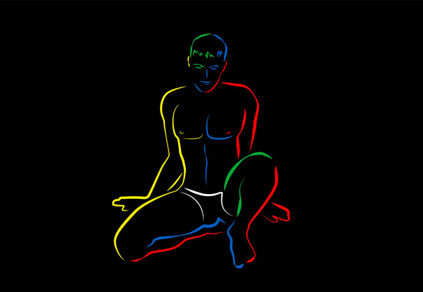 Σέξι νέος γυμνός άντρας, ερωτικός ποζάρει με λευκό παντελόνι. Χρωματιστές γραμμές έργο τέχνης, περίγραμμα διανυσματική απεικόνιση σε μαύρο φόντο, σύγχρονο gay στυλ κόμικ. - Διάνυσμα, εικόνα