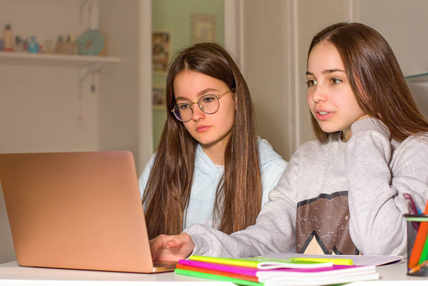 Two teen girls surf the Internet on their laptop, look for products of interest to them and make purchases with a credit card. Teenagers' concept of navigation, research and shopping - Foto, Imagen