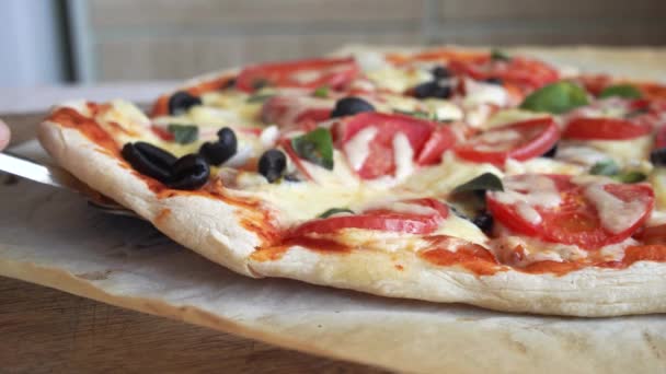 ottaa siivu kotitekoista pizzaa sulatettua juustoa ja tomaatteja - Materiaali, video
