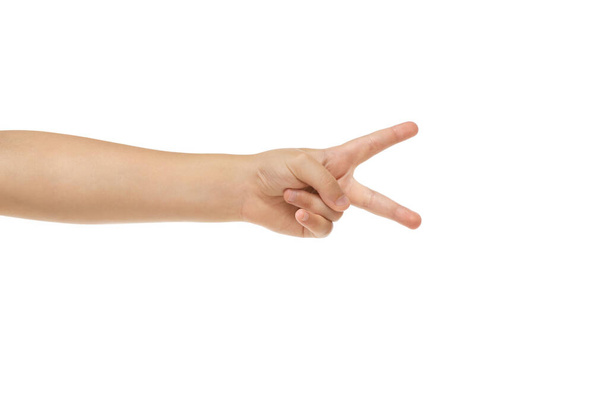 Childrens hand, palm gesturing isolated on white studio background - Foto, Imagem