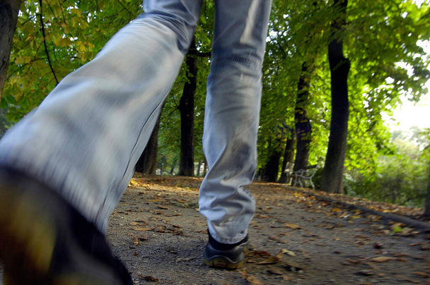 Sonbaharda siyah ayakkabılarla parkta yürüyen kişi. - Fotoğraf, Görsel