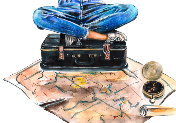 Ilustração desenhada à mão de menina de calça azul e sapatilhas sentadas em uma mala. Ilustração do curso: saco de bagagem, mapa, bússola. Preparação de arte turística de acessórios elegantes. Para blog, banner, logo
 - Foto, Imagem