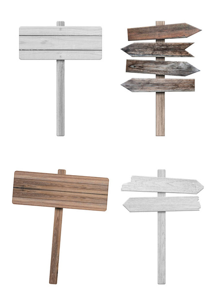 4 różne drewniane znak izolowane na białym tle. Obiekt ze ścieżką wycinania. - Zdjęcie, obraz