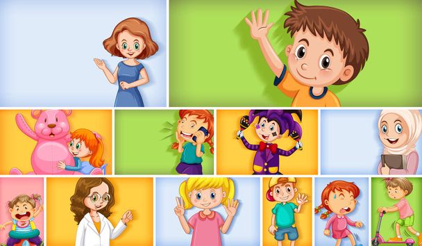 Σύνολο διαφορετικών παιδικών χαρακτήρων σε διαφορετική έγχρωμη απεικόνιση φόντου - Διάνυσμα, εικόνα