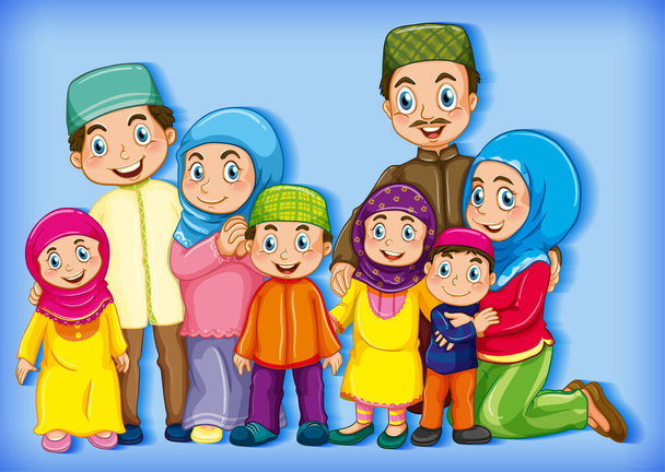 Muszlim családtag a rajzfilm karakter színes gradiens háttér illusztráció - Vektor, kép