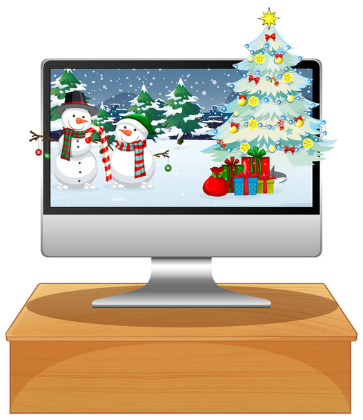 Computer sul tavolo con sfondo del desktop di Natale illustrazione - Vettoriali, immagini