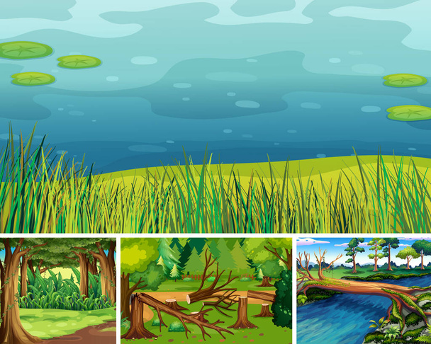 Čtyři různé přírodní scény lesa a bažiny kreslený styl ilustrace - Vektor, obrázek