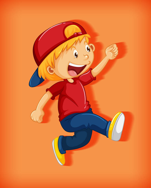 Garoto bonito vestindo boné vermelho com estrangulamento na posição de caminhada personagem de desenho animado isolado no fundo laranja ilustração
 - Vetor, Imagem