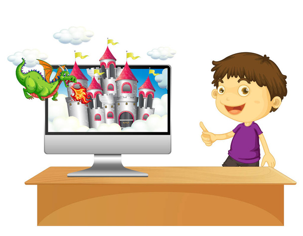 Menino feliz ao lado do computador com a ilustração da tela do desktop do castelo
 - Vetor, Imagem