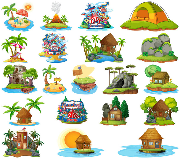 Set von verschiedenen Bangalows und Insel Strand Thema und Freizeitpark isoliert auf weißem Hintergrund Illustration - Vektor, Bild