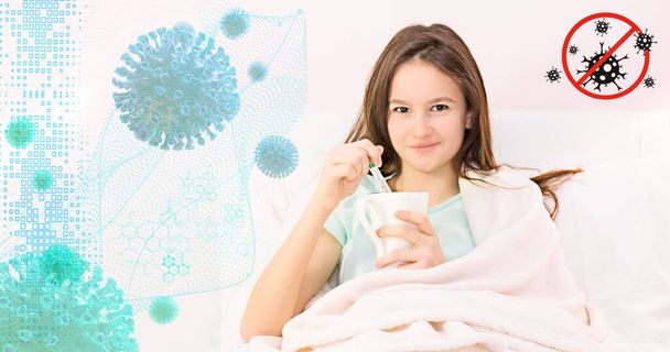 Девочка-подросток, больная вирусом с лихорадкой, остается в постели, измеряет температуру термометром
 - Фото, изображение