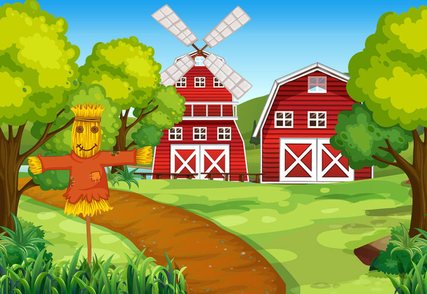 Scène de ferme dans la nature avec grange et moulin à vent et illustration d'épouvantail - Vecteur, image