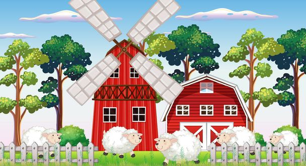 Сцена фермы в природе с сараем и ветряной мельницей и овцами иллюстрации - Вектор,изображение