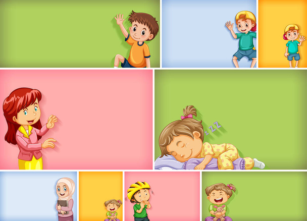 Set van verschillende kind karakters op verschillende kleuren achtergrond illustratie - Vector, afbeelding