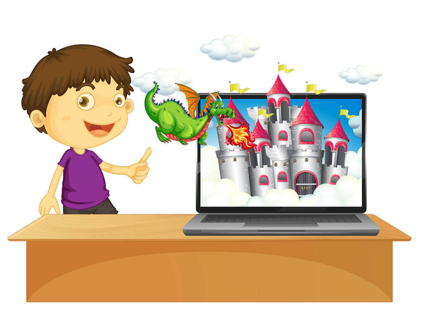 Niño feliz con portátil y cuento de hadas en la ilustración de la pantalla
 - Vector, Imagen