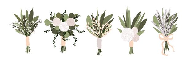 Set van bruiloft boeketten met bloemen roos, lavendel eucalyptus groene bladeren geïsoleerd op witte achtergrond. Boho bruids bruiloft arrangementen vector illustratie in cartoon platte stijl - Vector, afbeelding