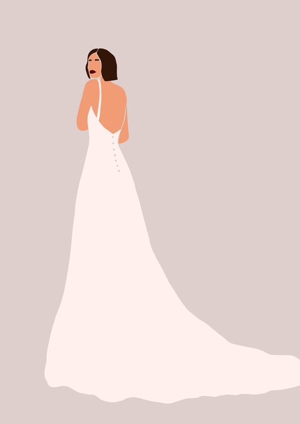 Abstracte bruid in trouwjurk kaart geïsoleerd op lichte achtergrond. Mode minimale trendy vrouw in cartoon platte stijl. Trendy poster muur print decor vector illustratie - Vector, afbeelding