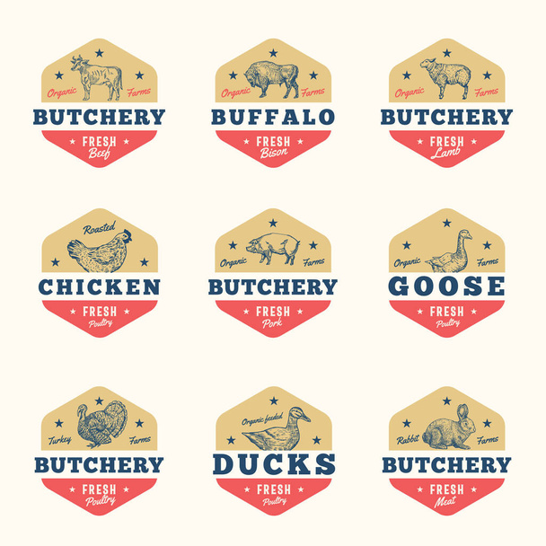 Organic Meat and Poultry Abstract Vector Signs, Badges or Logo Templates Set. Hand Drawn Domestic Animals and Birds Sillhouettes with Retro Typography. Vintage Emblems or Banners. - Vektör, Görsel