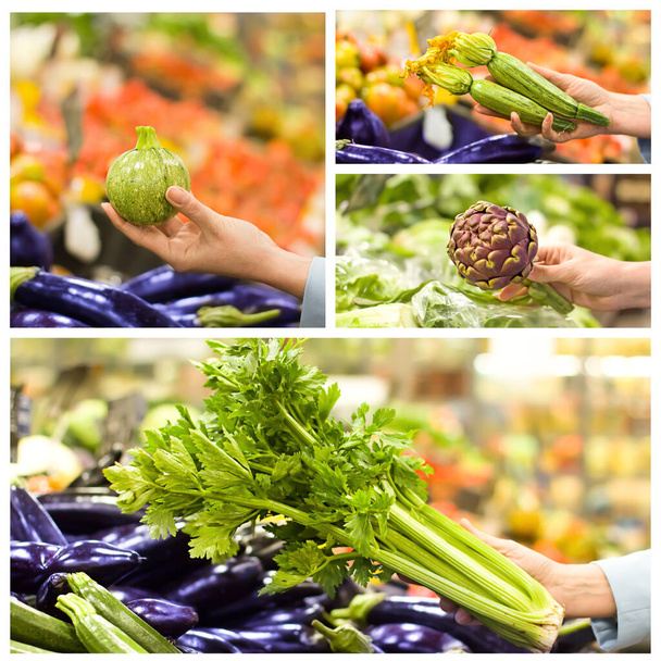 Kolaż z kobiecą ręką, która wybiera warzywa w supermarkecie. Pojęcie zdrowej żywności, bio, wegetariańskie, dieta - Zdjęcie, obraz