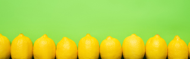 Draufsicht auf reife gelbe Zitronen auf grünem Hintergrund mit Kopierraum, panoramische Ernte - Foto, Bild