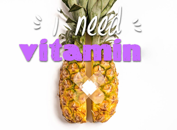 top view of cut ripe pineapple with patch on white background, i need vitamin illustration - Foto, Bild