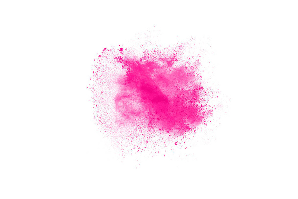 Αφηρημένη ροζ σκόνη πιτσιλισμένο φόντο, Πάγωμα κίνηση της σκόνης χρώμα έκρηξη / ρίψη σκόνη χρώματος, χρώμα glitter υφή σε λευκό φόντο. - Φωτογραφία, εικόνα