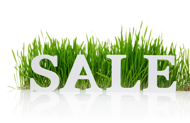 Word "Sale" with fresh grass isolated on white - Photo, Image