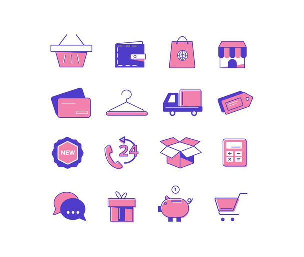 Shopping icons set. Symbols of trade and marketing credit card piggy bank ecommerce calculator with trolley. - Vector, Image