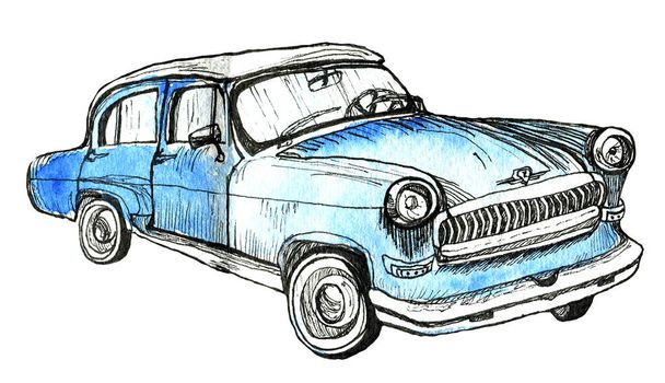 Croquis aquarelle de voiture bleue rétro - Photo, image