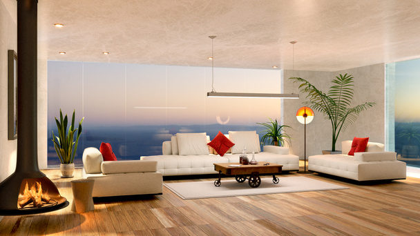 Illustration 3D du salon moderne avec parquet. Cheminée confortable avec canapé en cuir blanc et table basse avec vue sur la mer coucher de soleil en arrière-plan. - Photo, image