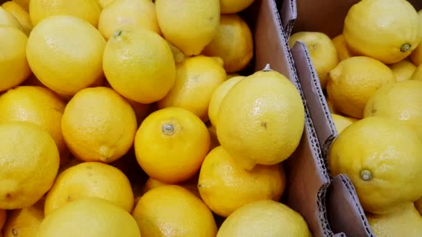 Fresh whole yellow lemons in cardboard boxes on the counter of a vegetable store, slow camera movement, top view, 4K Video - Кадри, відео