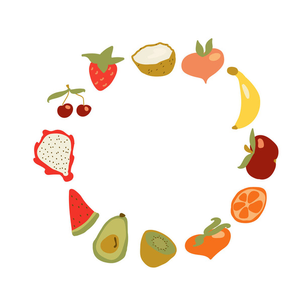 Cute hand drawn card with funny fruit image. Banana, pitaya, watermelon slice, kiwi, avocado, peach, strawberry, cherry, coconut, apple and peach fruits in the shape of circle or frame. - Вектор,изображение