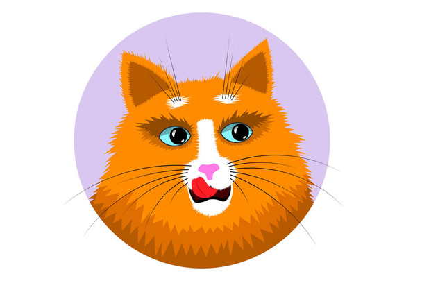Un simpatico gatto dalla testa rossa, gattino lecca le labbra dopo aver mangiato, pranzo. E guarda il cibo, distoglie lo sguardo. Logo gatto per negozio di animali. Gatto con baffi lunghi, orecchie affilate e coda lunga. Vettore ad alta risoluzione - Vettoriali, immagini