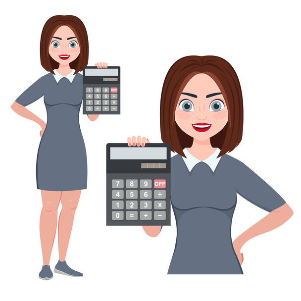 girl holding a calculator. young cute woman in office clothes with calculator in hand, office worker. vector illustration. - Vettoriali, immagini