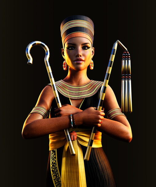 Η όμορφη τελευταία αιγυπτιακή πριγκίπισσα, βασίλισσα, Φαραώ, Κλεοπάτρα, κρατώντας τα σημάδια της εξουσίας της, 3d καθιστούν. - Φωτογραφία, εικόνα