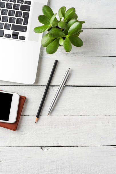 Laptop, mobile phone, notebook, pen and small flower on white wooden desktop. Business background concept - Foto, Bild