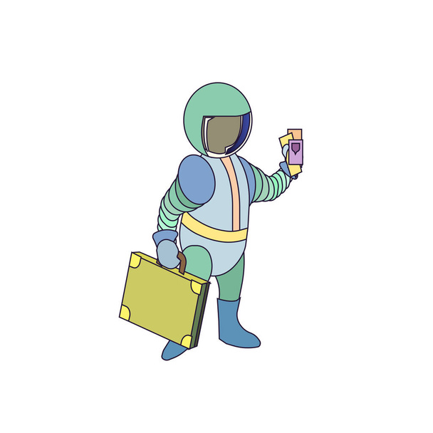 Astronaut met een groene koffer en kaartjes voor ruimtevaart in cartoon stijl, vector stock illustratie op witte geïsoleerde achtergrond voor prints, stickers, emblemen, iconen, voor sociale netwerken. - Vector, afbeelding