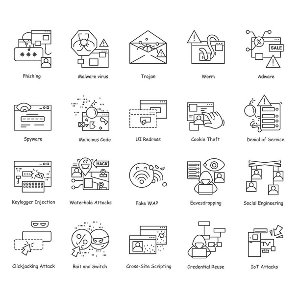 Hackcers icons set. Cyber security and crime technology simple line vector illustrations - Vector, Image