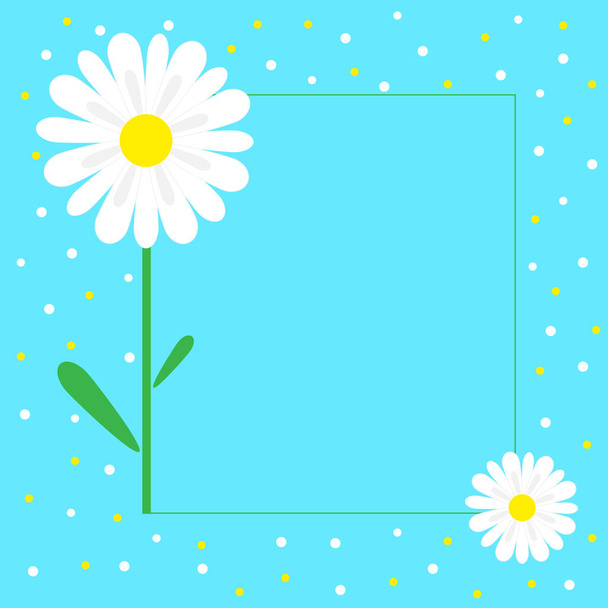 weiße Daisy auf blauem Hintergrund mit Tupfen und Textrahmen - Vektor, Bild