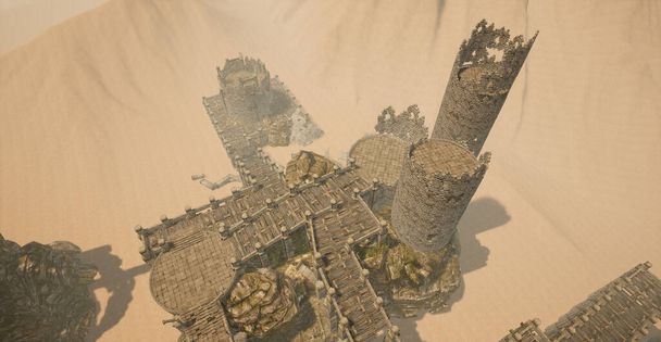 To jest 3D renderowane sceny ilustracji koncepcji poziomu opartego na starożytnych opuszczonych ruin, który jest otoczony przez pustynię. - Zdjęcie, obraz