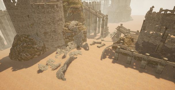 Questa è una scena di illustrazioni in 3D di un concetto di design di livello basato su antiche rovine desolate circondate da un deserto. - Foto, immagini