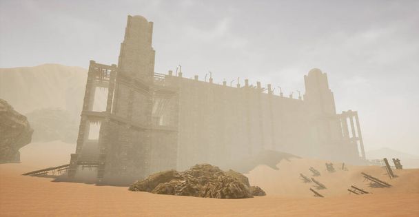 Il s'agit d'une scène d'illustrations en 3D d'un concept de level design basé sur une ancienne ruine désolée entourée d'un désert. - Photo, image