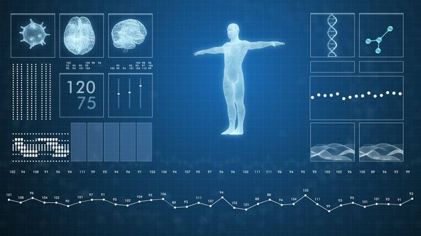 Rendering 3D di infografica medica futuristica, un'interfaccia di scansione del corpo virtuale con illustrazioni di cuore, corpo umano ed elettrocardiogramma. - Foto, immagini