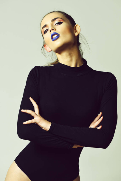 Pretty girl with adorable face and blue lips - Foto, imagen