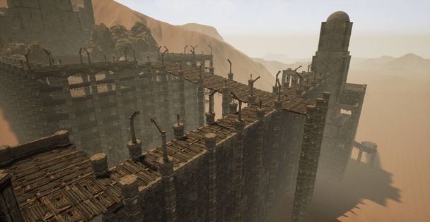 To jest 3D renderowane sceny ilustracji koncepcji poziomu opartego na starożytnych opuszczonych ruin, który jest otoczony przez pustynię. - Zdjęcie, obraz